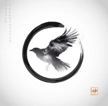 Flying bird in in black enso zen circle. Traditional oriental ink painting sumi Illustrazione stock