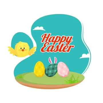 Flying Bird with Bunny Ear, Eggs on Grass Abstract Background for Happy Eas.. Stock Illustration