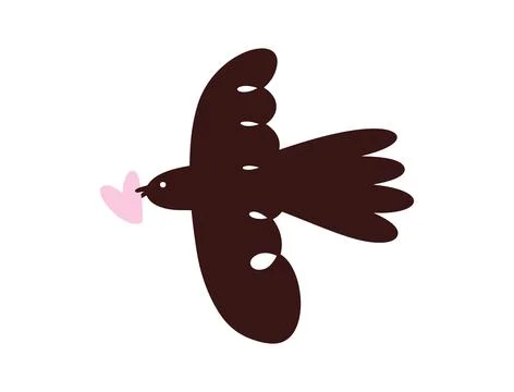 Flying bird delivering a vector pink heart, symbolising love, romance, affe.. Иллюстрация