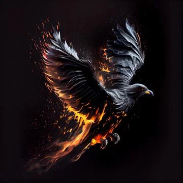 A flying bird with fire flames on black background. Stock Illustration