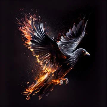 A flying bird with fire flames on black background. Stock Illustration