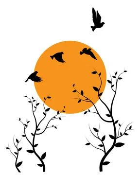 Flying Birds on Branch on sunset Vector, Wall Decals, Birds on Tree Design Stock Illustration