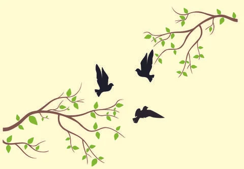 Flying Birds On Branch Vector, Stock Illustration