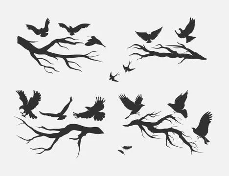 Flying birds, mounted on branches Stock Illustration