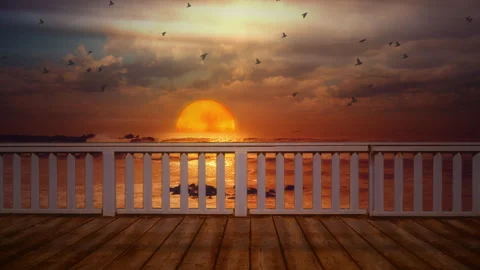 Flying Birds Over Sunset Ocean From Wooden Deck Motion Background Stock Footage 341962116