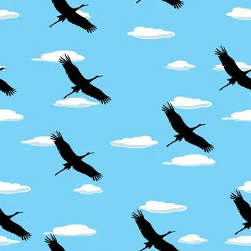 Flying birds pattern Seamless background with flying birds and clouds Copy... Foto stock