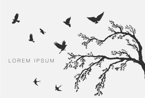 Flying birds on tree branch Stock Illustration