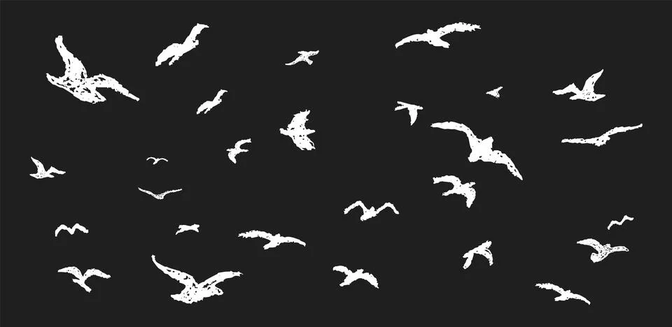 Flying birds vector doodle drawn with wax crayon. Charcoal style pastel sketch Stock Illustration