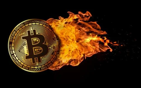 Flying Bitcoin Engulfed in Flames Stock Photos