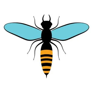 Flying black bee with blue wings. Bee icon, isolated on white background Stock Illustration