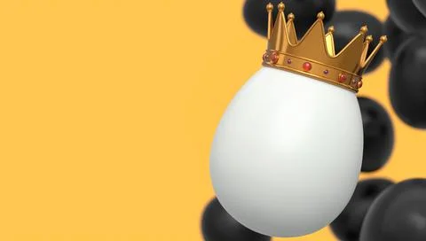 Flying black chicken eggs and unique white egg in gold royal king crown Stock Illustration