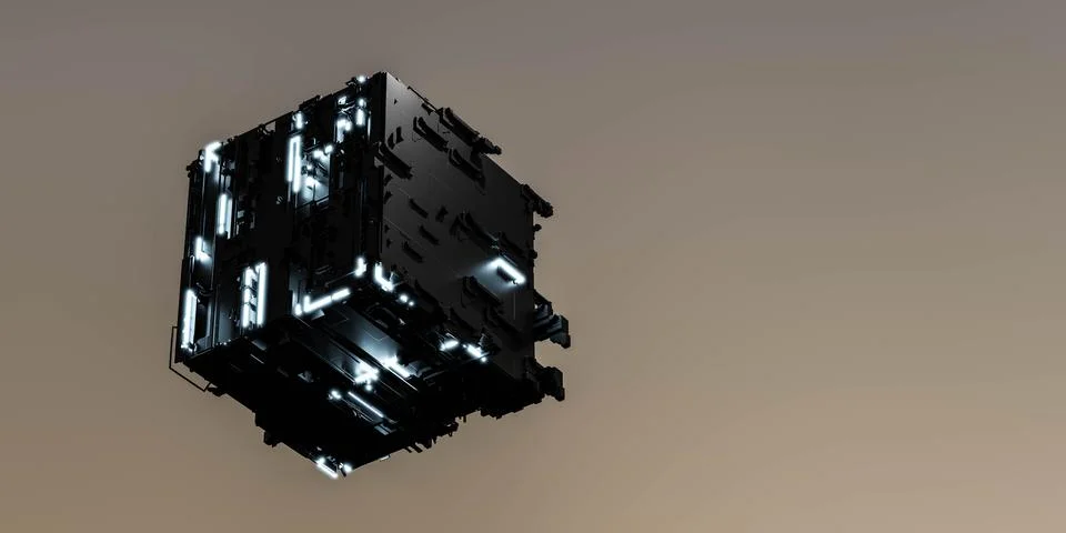 Flying black dark laser light cube geometric shape surface 3d render 库存插图