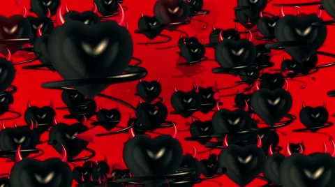 Flying black devils hearts with horns and tail on red Stock Footage 59852245