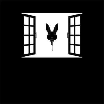 Flying Bloody Rabbit Head on the Window Silhouette Stock Illustration