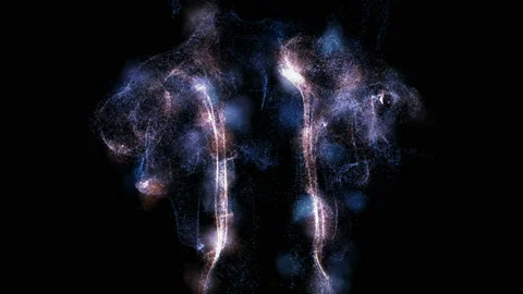 Flying blue and violet particles. Animation of glowing particle system. Stock Footage 112232999