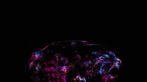 Flying blue and violet particles. Animation of glowing particle system Stockbeeldmateriaal 112255051