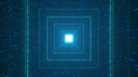 Flying into blue digital technologic tunnel. Binary code particles network. Stock Footage 246799929