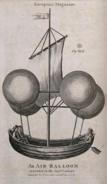 A flying boat devised by Franciscus Lana, with sails and balloons attached .. Stock Illustration