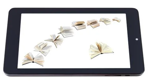 Flying books on display of tablet pc isolated Stock Photos