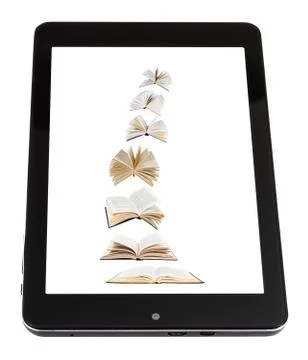 Flying books on screen of tablet pc isolated Stock Photos