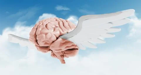 Flying brain with white wings. 3D illustration Stock Illustration