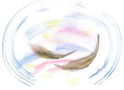 Flying brown feathers in a light blue circle with sunny lines Stock Illustration