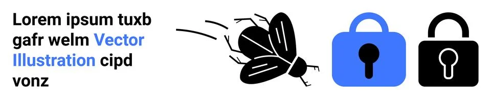 A flying bug and two padlocks one blue and one black Ideal for cybersecurity, イラスト素材