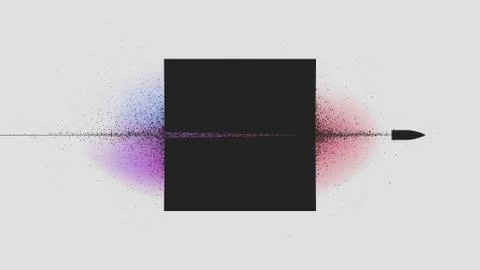 Flying bullet through the black square, Particle explosion from shot Stock Illustration