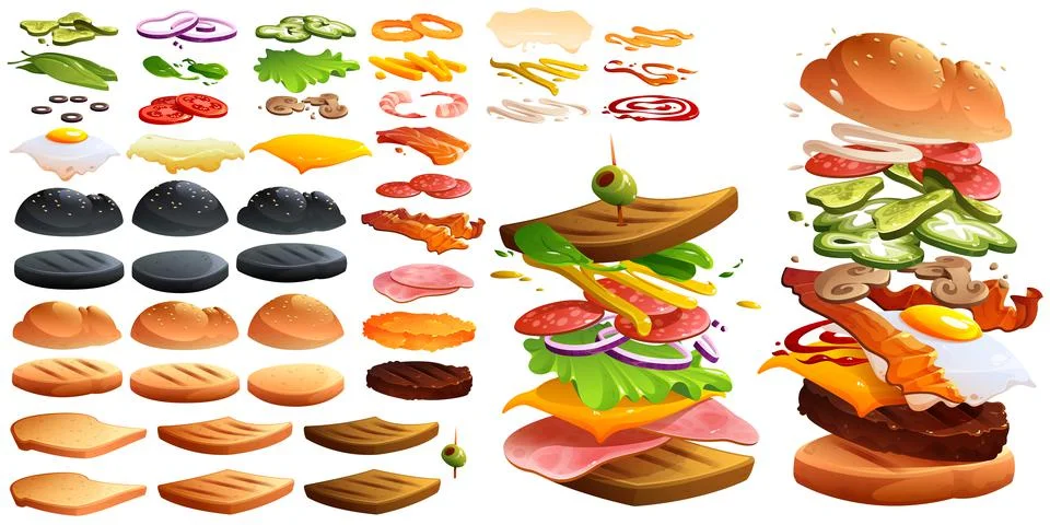 Flying burger and sandwich and ingredients Stock Illustration