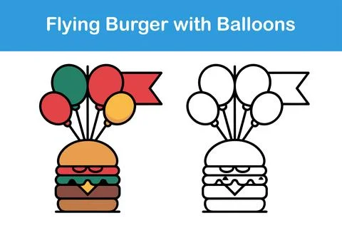 Flying Burger with Balloons Stock Illustration