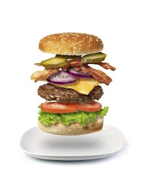 Flying burger isolated on a white background Stock Photos
