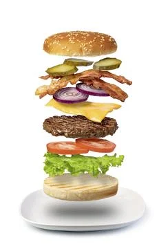 Flying burger isolated on a white background Stock Photos