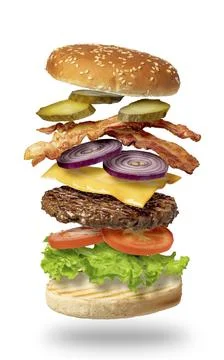 Flying burger isolated on a white background Stock Photos