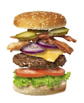 Flying burger isolated on a white background Stock Photos