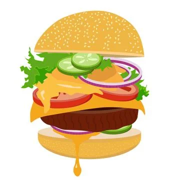 Flying burger vector illustration. Cheeseburger clipart. Hamburger cartoon .. Stock Illustration