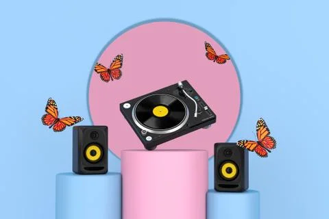 Flying Butterfly Between Audio Studio Acoustic Speakers, Professional DJ Turn Stock Illustration