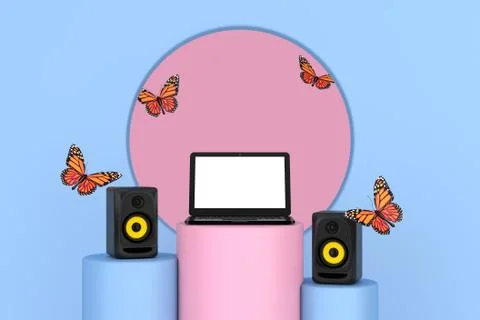 Flying Butterfly Between  Audio Studio Acoustic Speakers, Modern Laptop Noteb Illustrazione stock