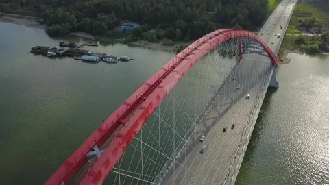 Flying camera captures the bridge and traffic Stock Footage 141501074