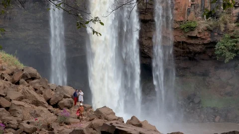A flying camera captures a waterfall in Vietnam Stock Footage 123425749