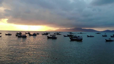 Flying camera flies beautifully in different angles fishing boats in Vietnam Stock Footage 115270279