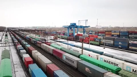 Flying camera flies over container trains Video stock 157692036