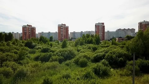 Flying camera in the Park, in the background can see the building Stock Footage 93449253