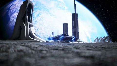 Flying car in the City on the moon, base, colony. 3d rendering. Stockbeeldmateriaal 132537268