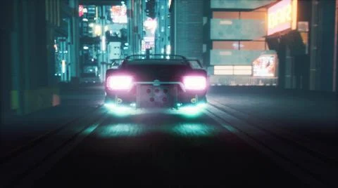 The flying car of the future rushes through the neon street of the cyber city Stock Illustration