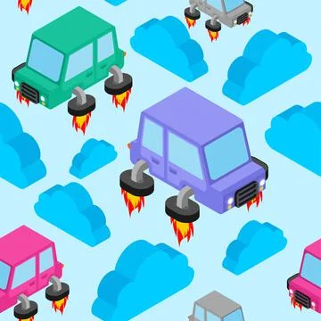 Flying car pattern seamless. Automobile with turbo engine background. Transpo 스톡 일러스트
