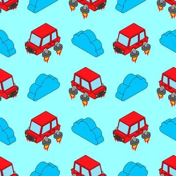 Flying car pattern seamless. Automobile with turbo engine background. Transpo 스톡 일러스트