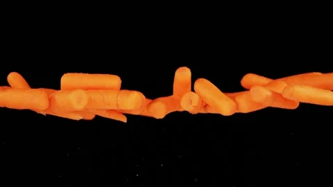 Flying carrots infront of black background in slowmotion Stock Footage 163203031