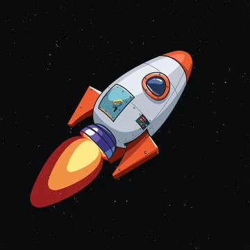 Flying cartoon design space rocket close view Stock Illustration