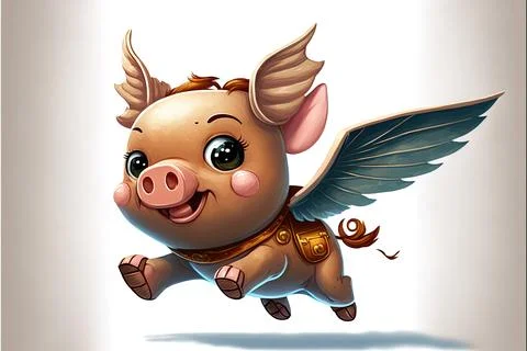 Flying cartoon pig with white background, Made by AI,Artificial intelligence Stock Illustration