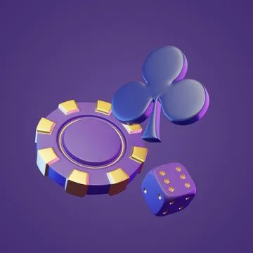 Flying casino chip, dice and club symbol on bright, violet, neon background 스톡 일러스트